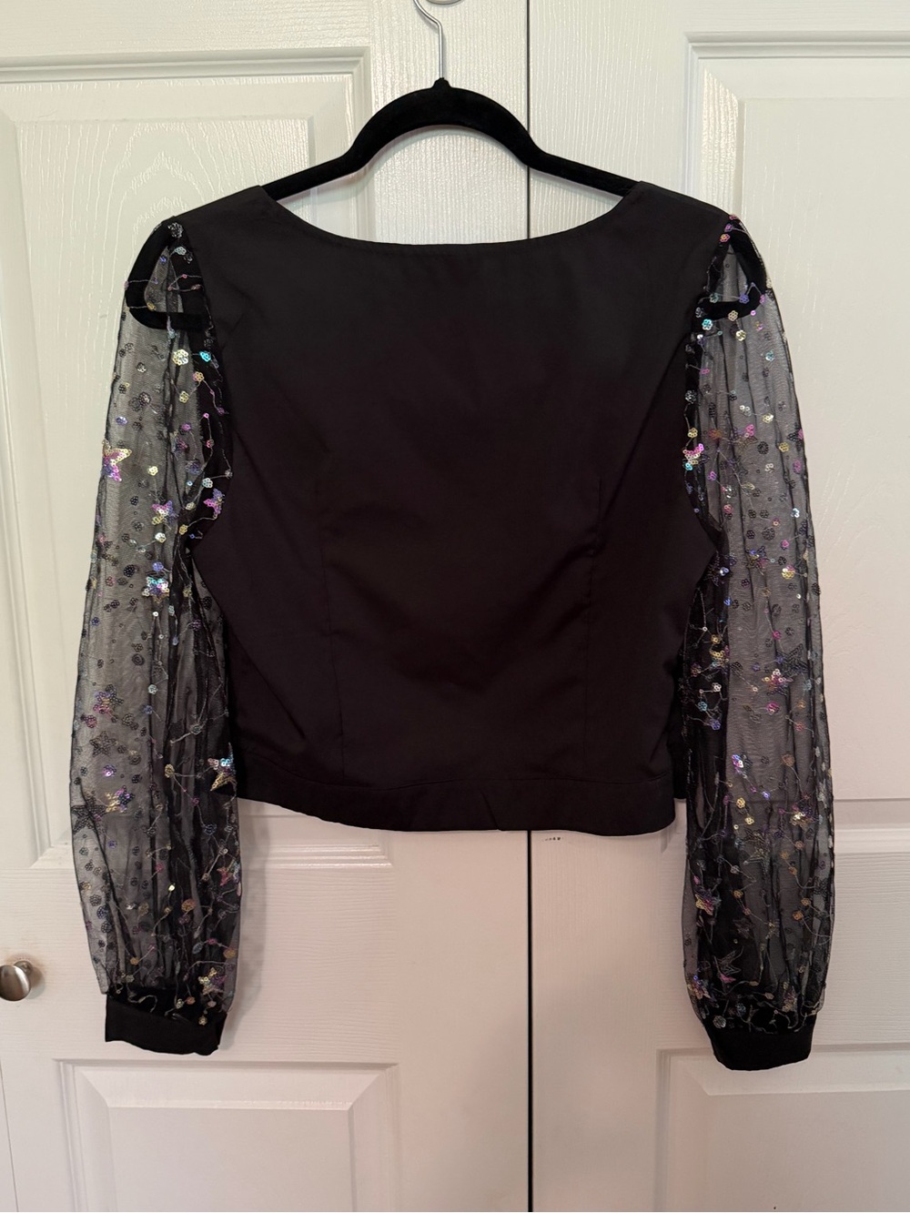 5 for $25! Women’s Black Square-Neck Top with Sheer Sequin Sleeves - Picture 5 of 5